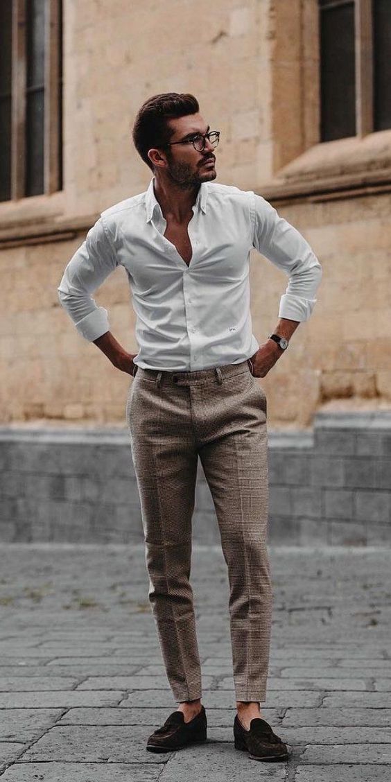 White Dress Shirt with Beige Checkered Linen Pants and Brown Loafers 